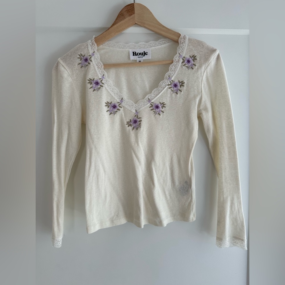 Rouje white knit top with embroidered flowers size 36